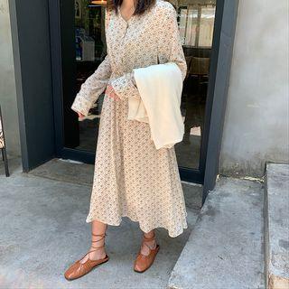 Long-sleeve Floral Midi Chiffon Dress Almond - One Size