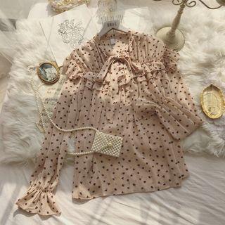 Ruffle Trim Heart Print Long-sleeve Chiffon Blouse