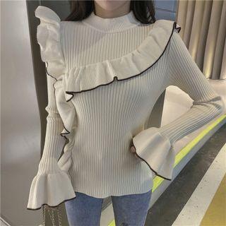 Ruffle Mock Neck Ribbed Knit Top