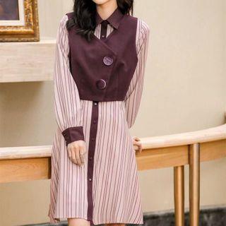 Set: Striped Long-sleeve Midi Shirtdress + Button-up Vest