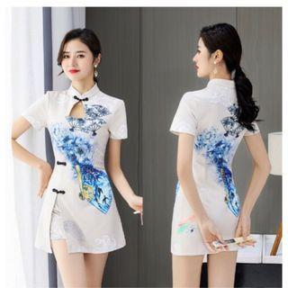 Set: Short-sleeve Print Mini Qipao + Shorts