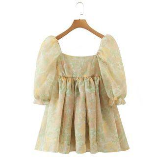 Puff Sleeve Square Collar Floral Print A-line Dress