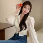 Long-sleeve Collared Cropped Blouse Off-white - One Size
