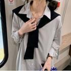 Set: Long-sleeve Plain Midi Shirt Dress + Shawl