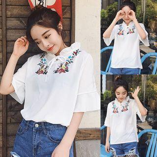 Floral Embroidered Frilled Neck Elbow-sleeve Blouse