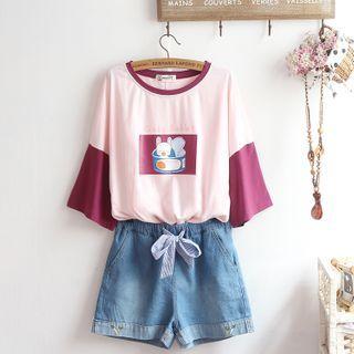 Set: Elbow-sleeve Cartoon Print T-shirt + Denim Shorts