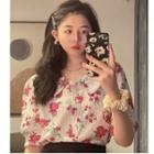 Short-sleeve Collared Floral Print Cropped Blouse