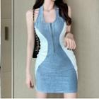 Two-tone Off-shoulder Halter Sleeveless Dress