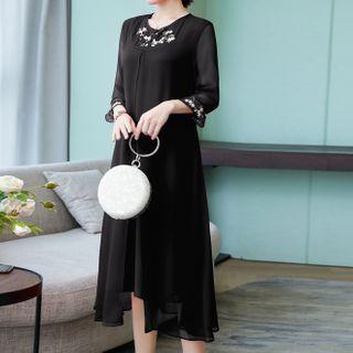 Mesh-sleeve Floral Embroidered Midi A-line Dress