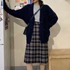 Cable Knit Toggle Cardigan / Plaid Straight-fit Midi Skirt