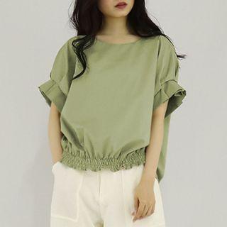 Puff-sleeve Lace Trim Blouse Light Green - One Size
