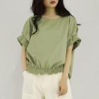 Puff-sleeve Lace Trim Blouse Light Green - One Size