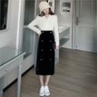 Mock Two-piece Long-sleeve Midi Sheath Dress Black & White - One Size