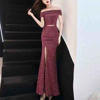 Off-shoulder Glitter Sheath Evening Gown