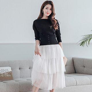 Set: Elbow-sleeve Knit Top + Tiered Midi Skirt