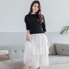 Set: Elbow-sleeve Knit Top + Tiered Midi Skirt