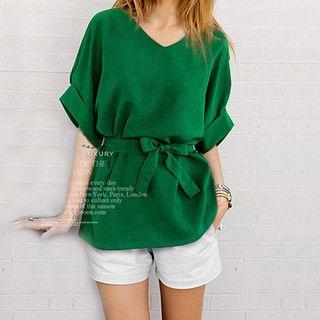 V-neck Tie Waist Elbow-sleeve Blouse