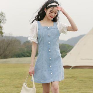 Short-sleeve Denim Panel Mini Dress Blue & White - One Size