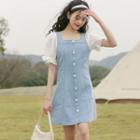 Short-sleeve Denim Panel Mini Dress Blue & White - One Size
