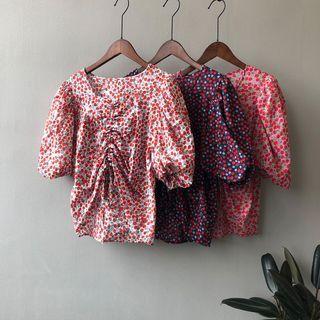 Puff-sleeve Floral Strawberry Print Blouse