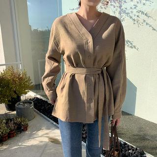 V-neck Drop-shoulder Jacket With Sash