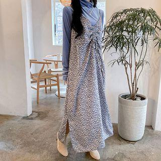 Drawstring-front Floral Maxi Pinafore Dress