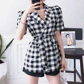 Short-sleeve Double Breasted Plaid Blazer