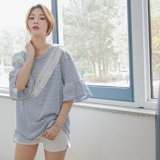 Ruffle-sleeve Fringed Stripe Top