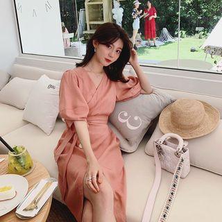 Elbow-sleeve Slit Sheath Wrap Dress