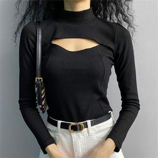 Long-sleeve Mock-neck Cutout-front Top