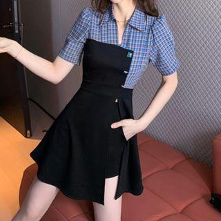 Set: Short-sleeve Plaid Panel Mini A-line Dress + Shorts