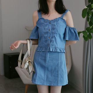 Cold-shoulder Blouse / Mini A-line Skirt / Set