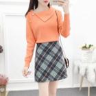 Set: Buttoned Knit Top + Check Skirt