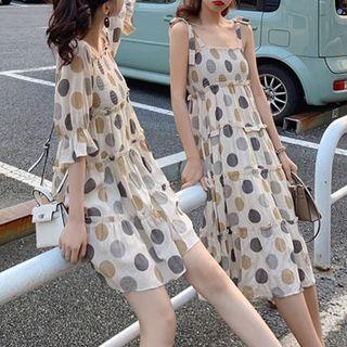 Dotted Short-sleeve A-line Dress / Shirred Spaghetti Strap Dress