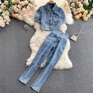 Set: Denim Short-sleeve Top + Jeans