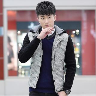 Knit Sleeve Hooded Snap-button Jacket