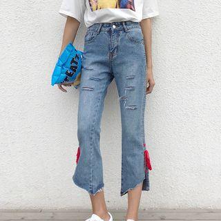 Ripped Lace-up Cropped Jeans