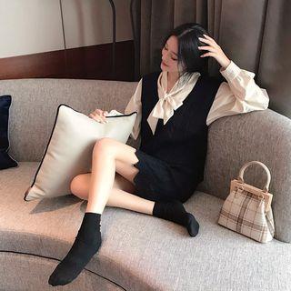 Tie-neck Long-sleeve Blouse / Knit Tank Dress