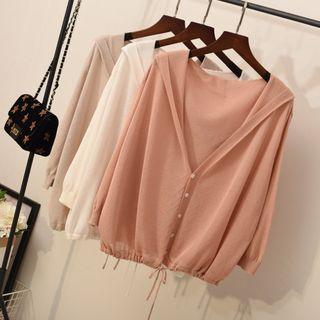 Buttoned Hooded Knit Light Jacket