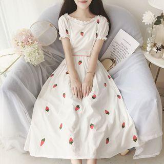 Short-sleeve Lace-trim Embroidered Strawberry A-line Midi Dress