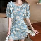 Floral Print Ruffled Puff-sleeve Mini A-line Dress