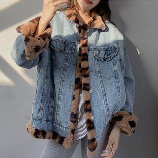 Leopard Print Fleece Panel Denim Jacket Denim Blue - One Size