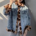 Leopard Print Fleece Panel Denim Jacket Denim Blue - One Size