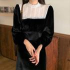 Puff-sleeve Lace Panel Midi A-line Dress Black - One Size