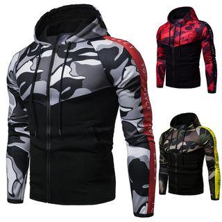 Camouflage Panel Lettering Hooded Zip Jacket