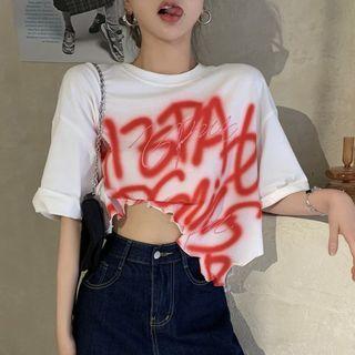 Short-sleeve Letter Printed Asymmetric T-shirt White - One Size