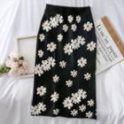 Daisy-print Knit Pencil Skirt Black - One Size