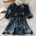 Ruffled-trim Printed Mini Dress Dark Blue - One Size