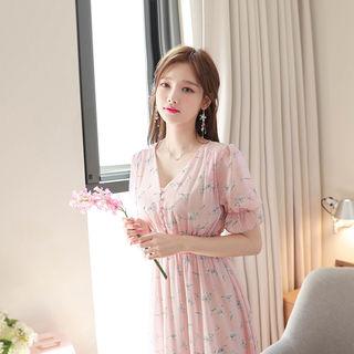 Button-detail Smocked-waist Floral Long Dress