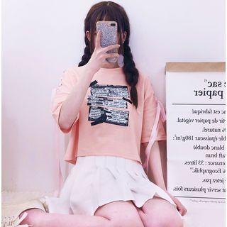 Printed Lace-up Elbow-sleeve T-shirt